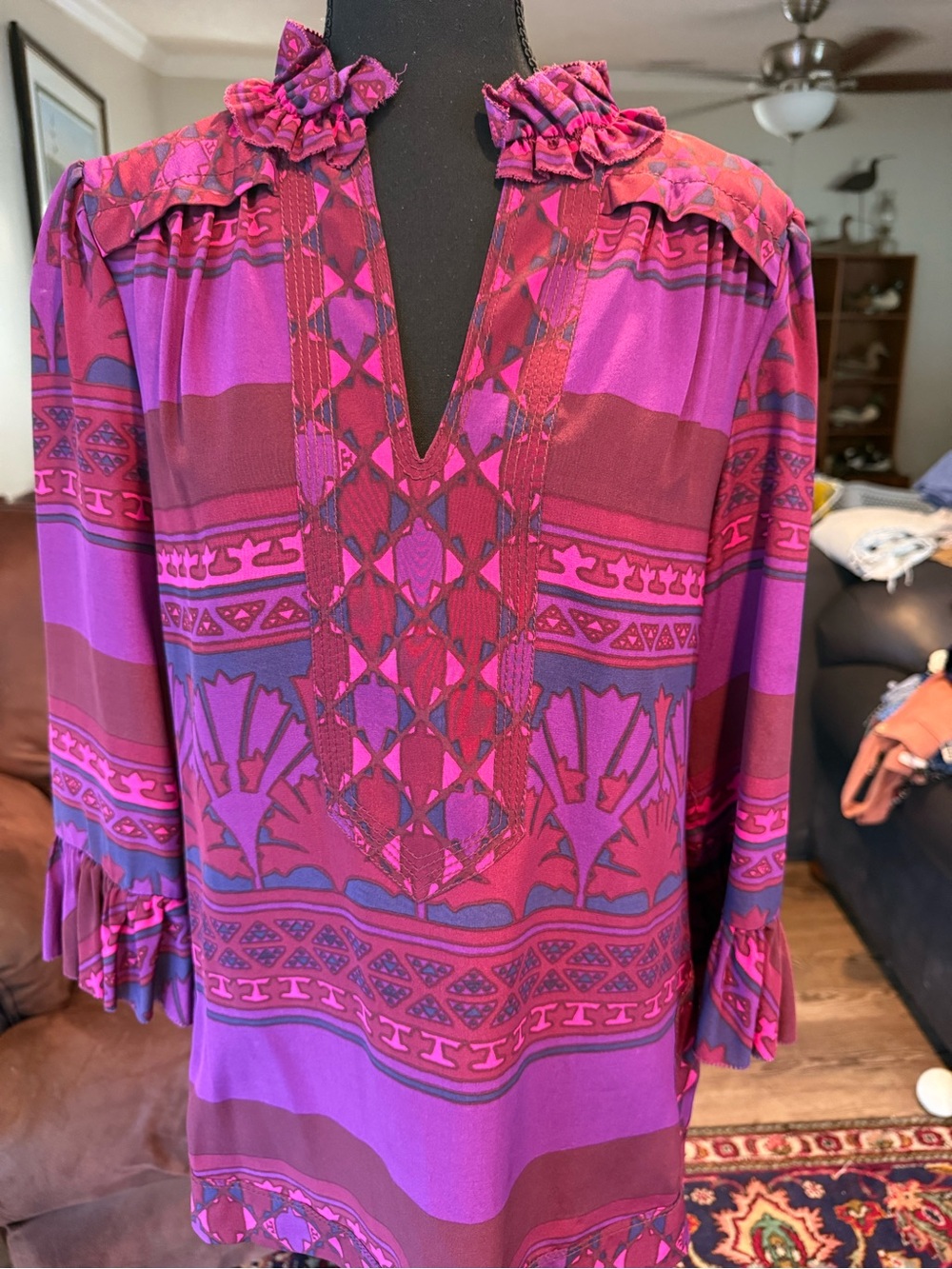 Tory Burch Women’s Purple & Magenta silk Ruffle-Neck Tunic Top